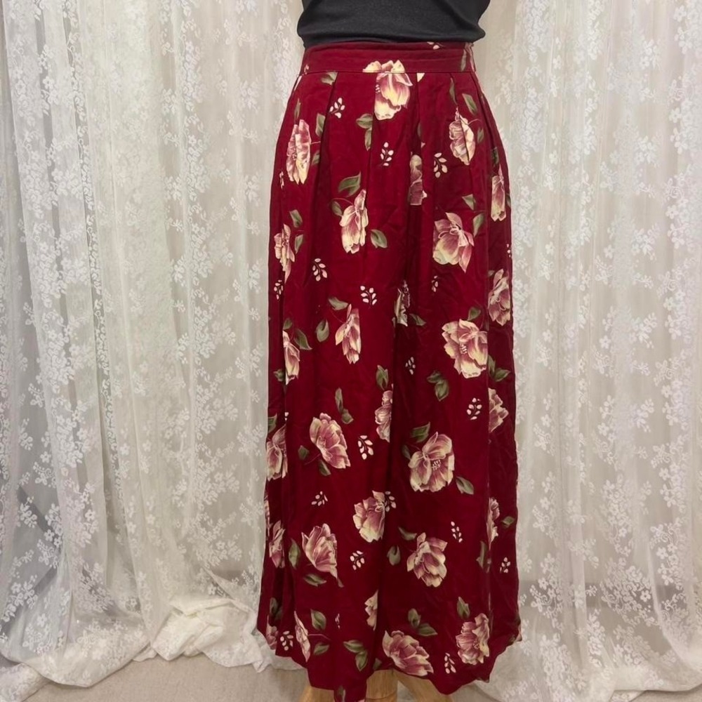 Vtg 80s Alfred Dunner Red‎ Floral Midi Skirt Womens Small Pleated Boho Cottage